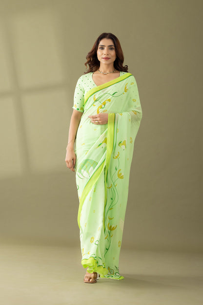 Light Green Floral Printed Georgette Saree