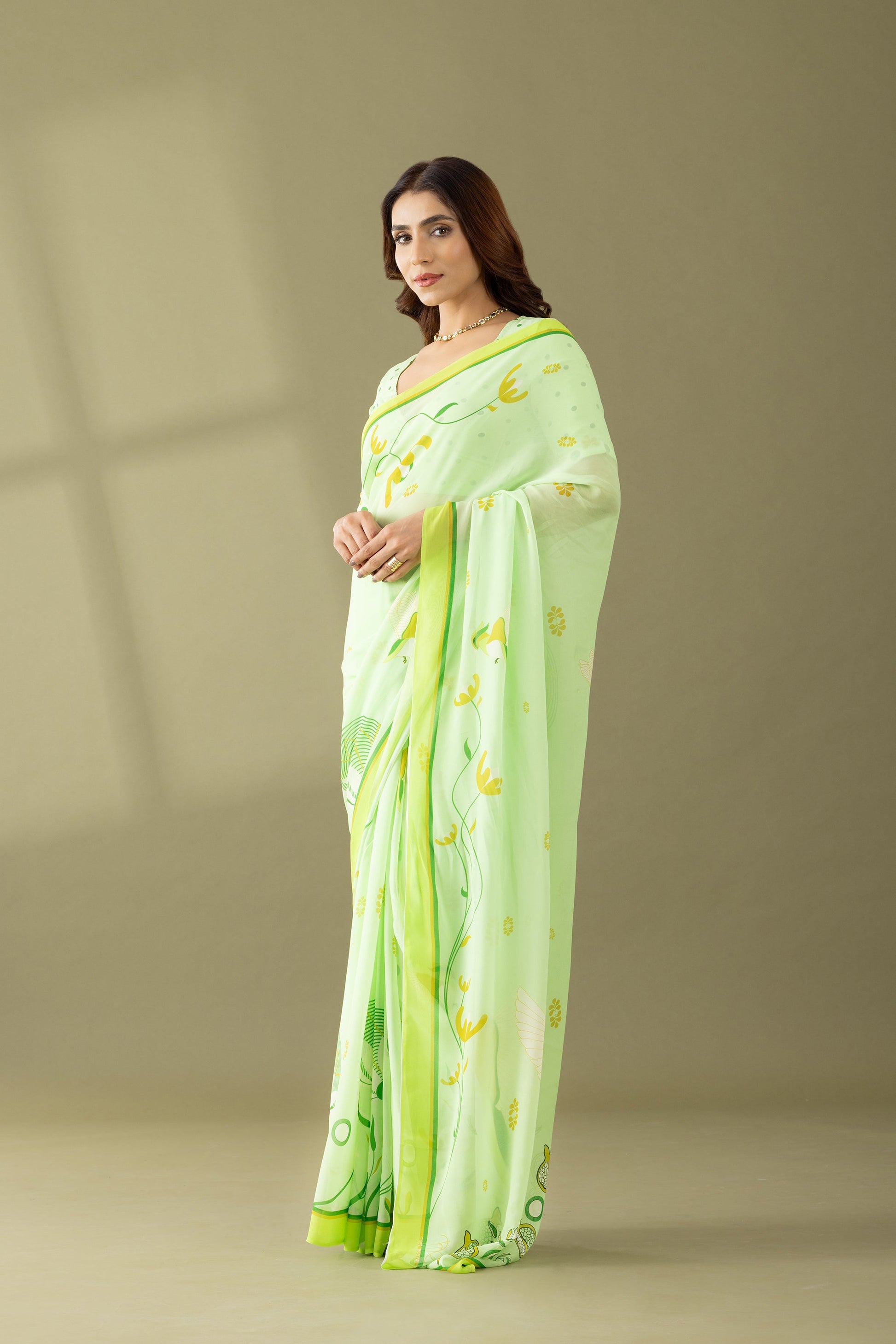 Light Green Floral Printed Georgette Saree