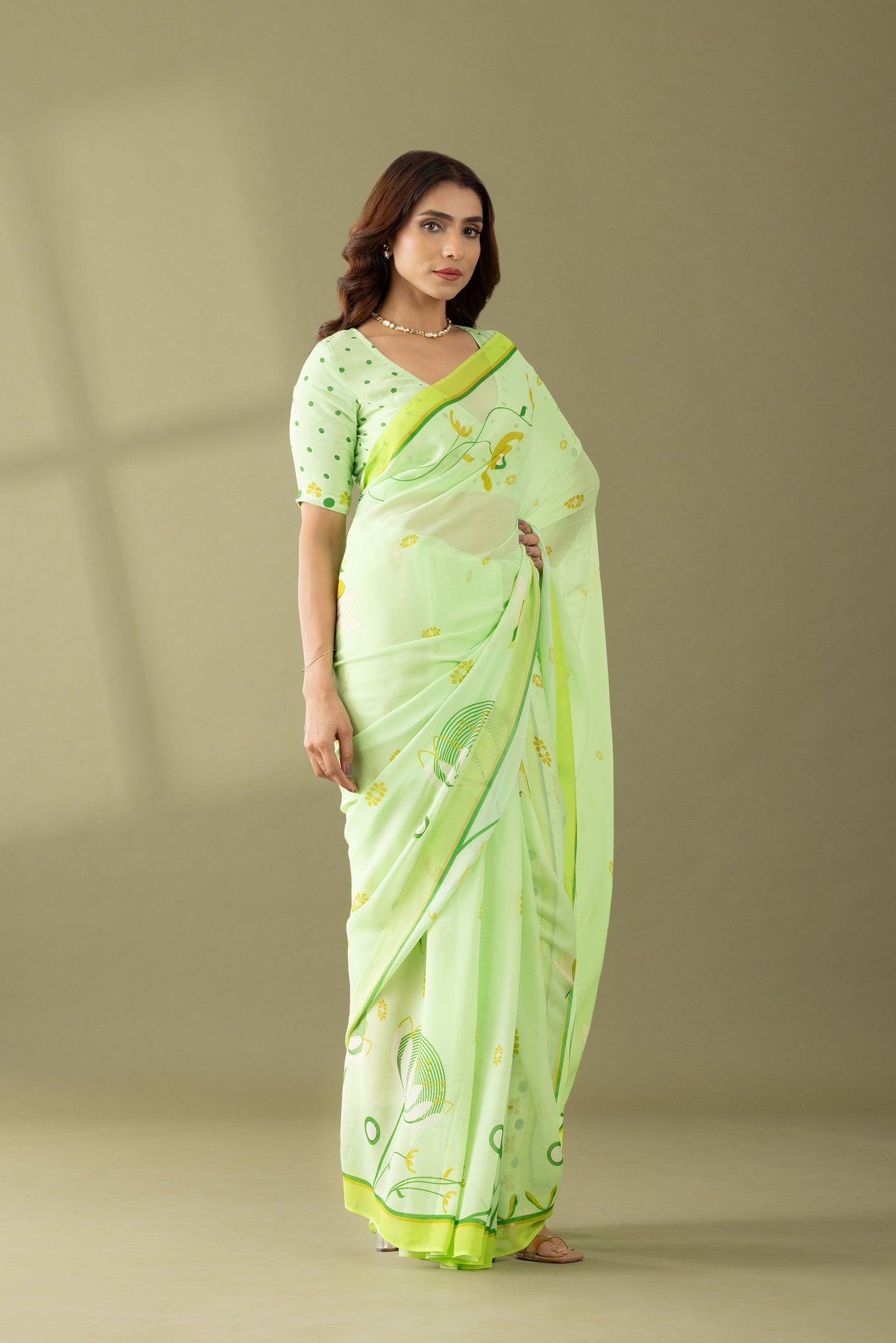 Light Green Floral Printed Georgette Saree