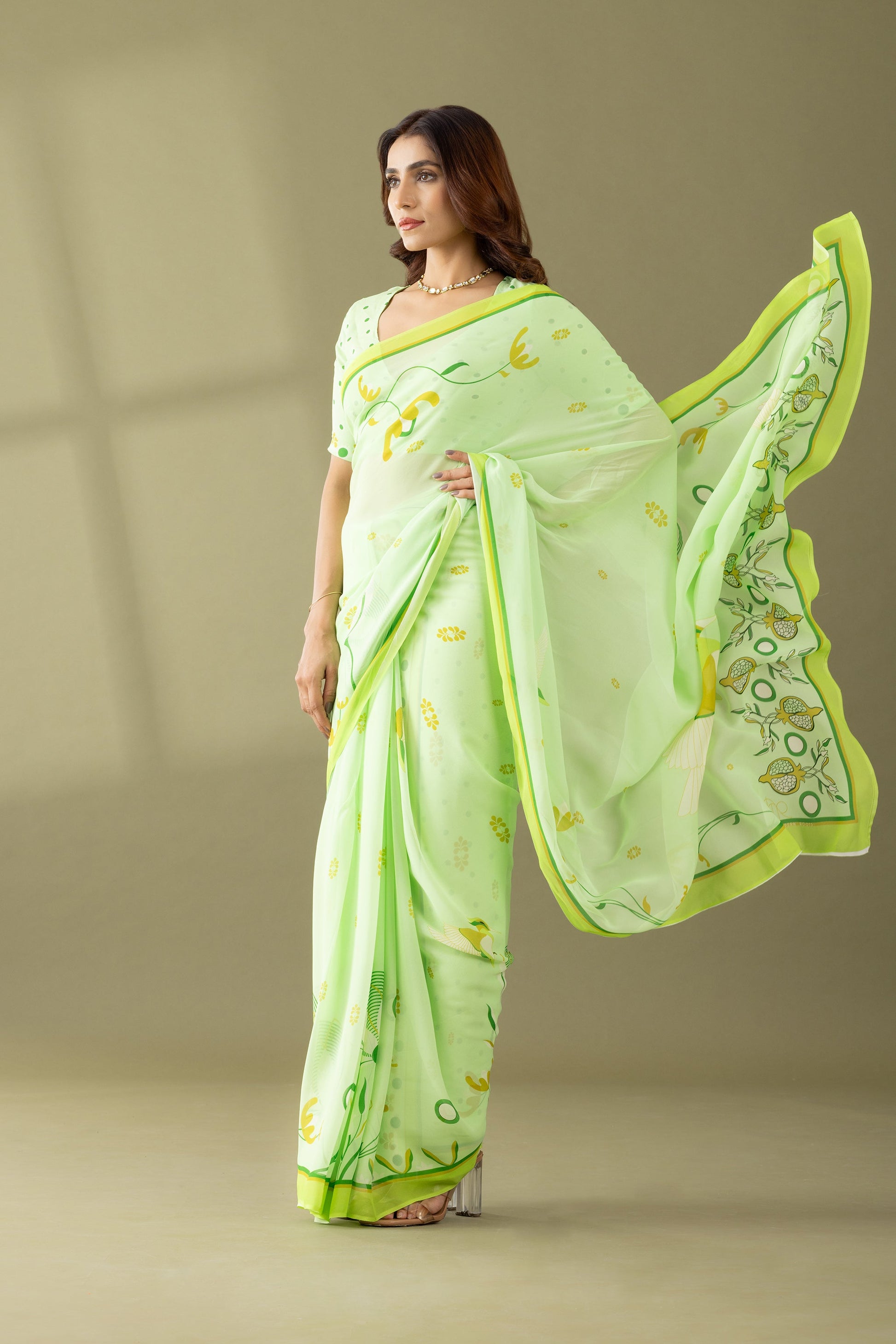 Light Green Floral Printed Georgette Saree