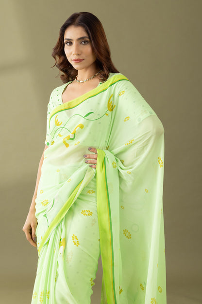 Light Green Floral Printed Georgette Saree