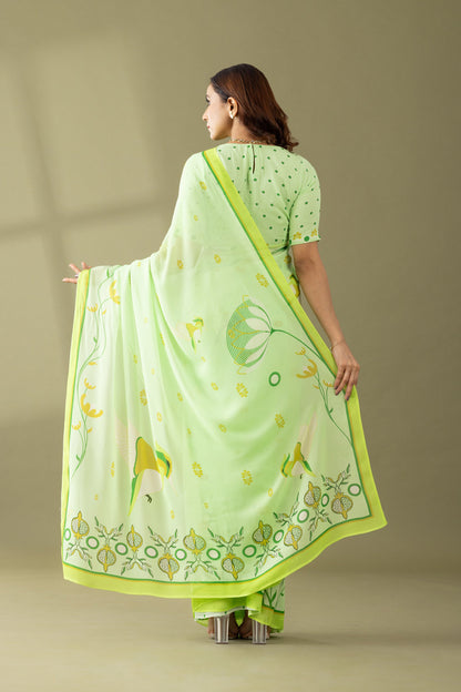 Light Green Floral Printed Georgette Saree