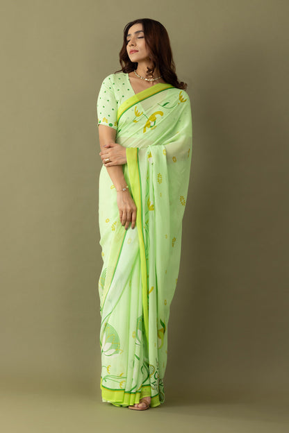 Light Green Floral Printed Georgette Saree