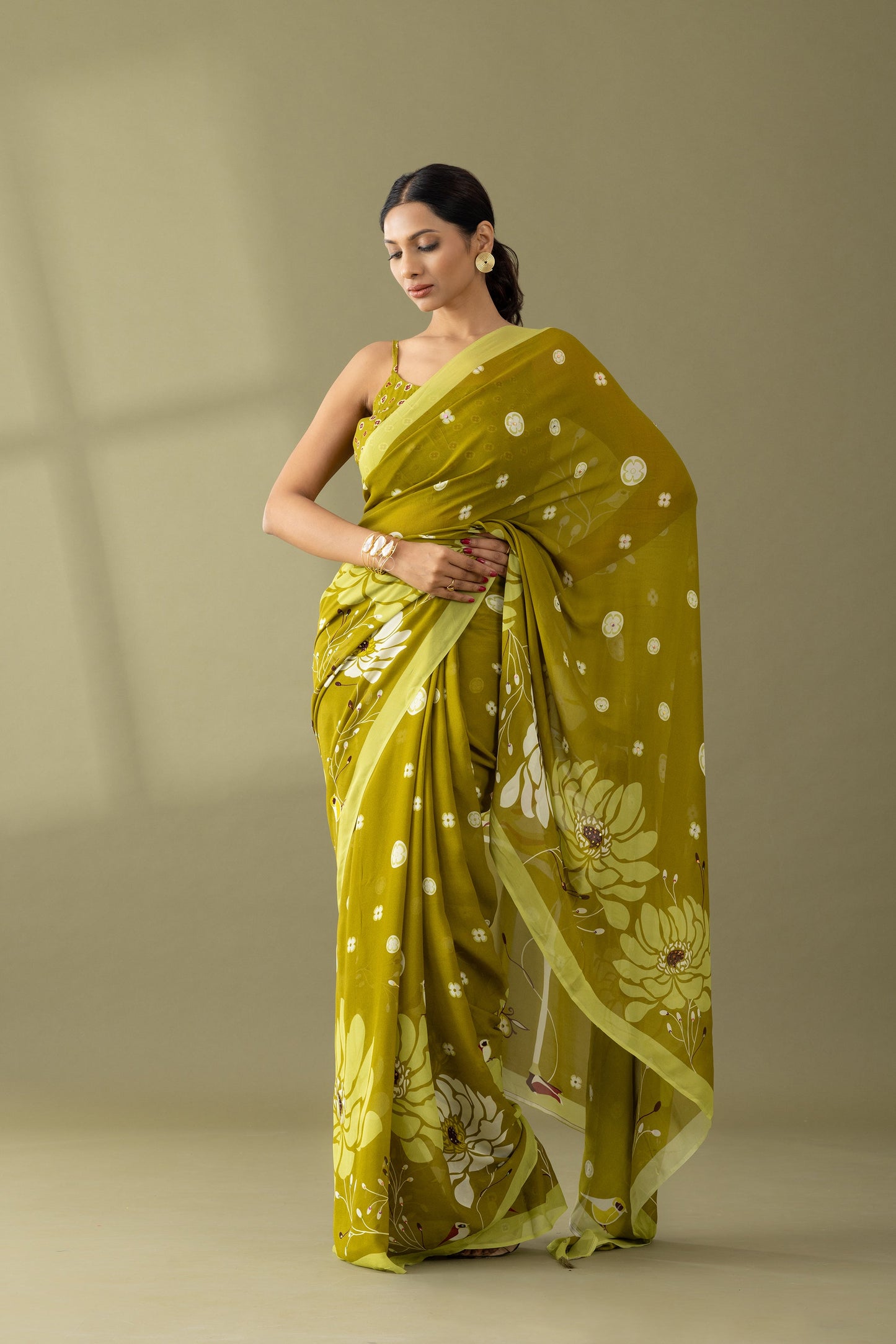 Heavenly Blooms Light Olive Printed & Embroidered Georgette Saree