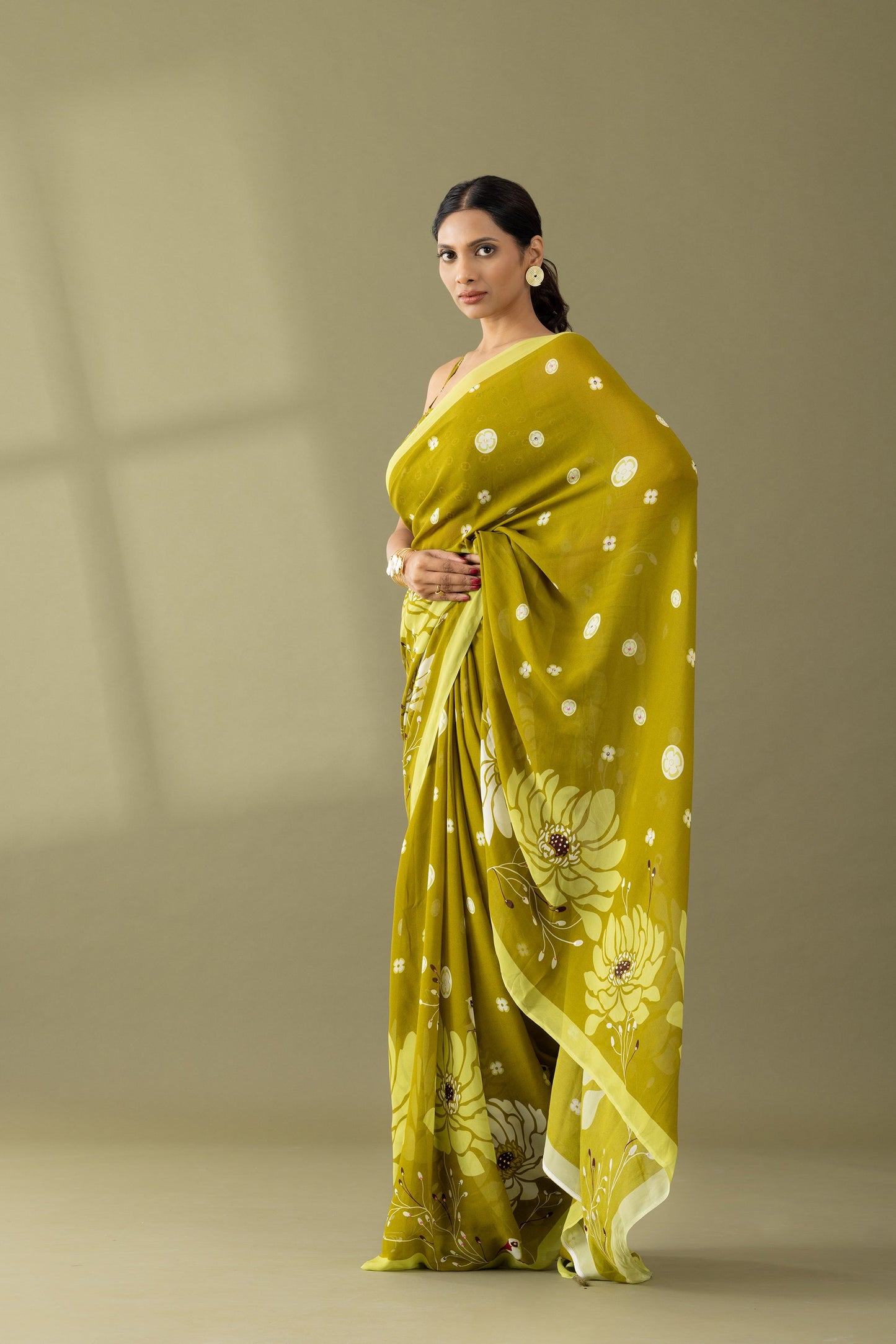 Heavenly Blooms Light Olive Printed & Embroidered Georgette Saree