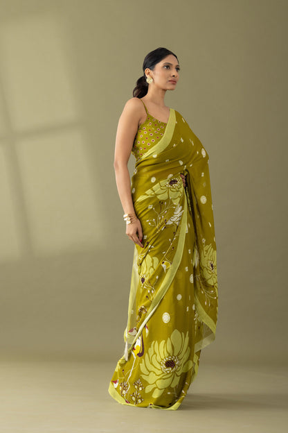 Heavenly Blooms Light Olive Printed & Embroidered Georgette Saree