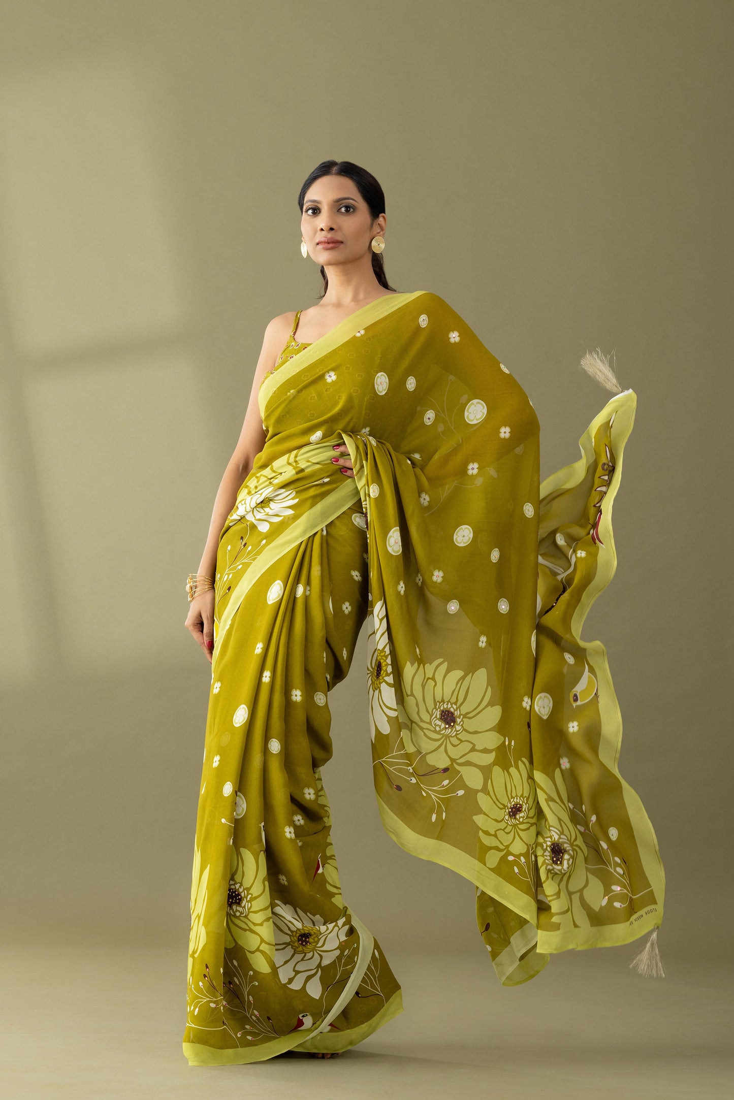 Heavenly Blooms Light Olive Printed & Embroidered Georgette Saree