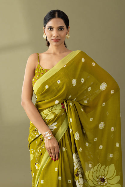 Heavenly Blooms Light Olive Printed & Embroidered Georgette Saree