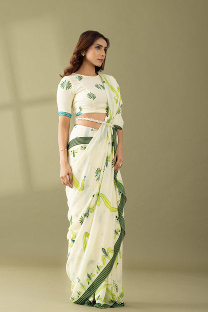 Kaleidoscope Garden Ivory Printed Georgette Saree