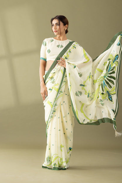 Kaleidoscope Garden Ivory Printed Georgette Saree