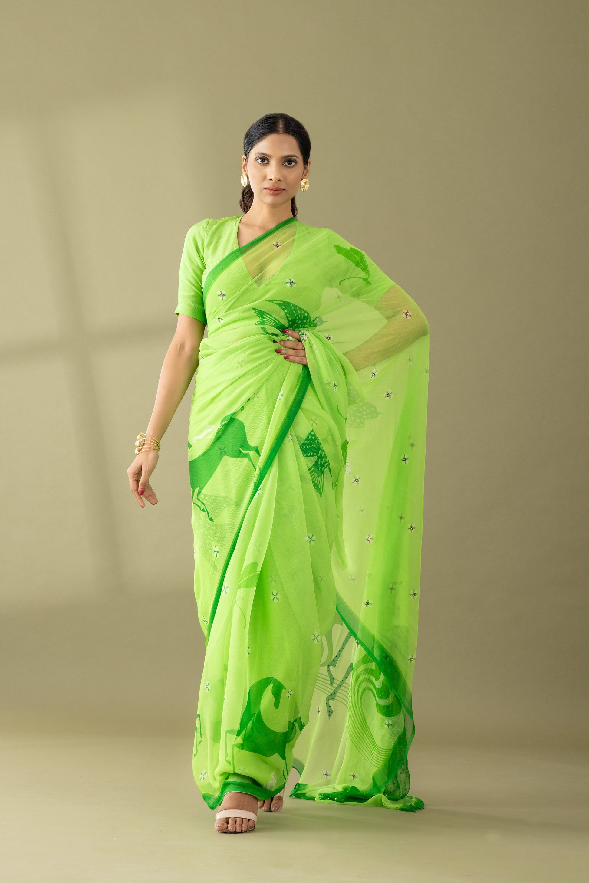 Graceful Charms Macha Green Printed & Embroidered Chiffon Saree