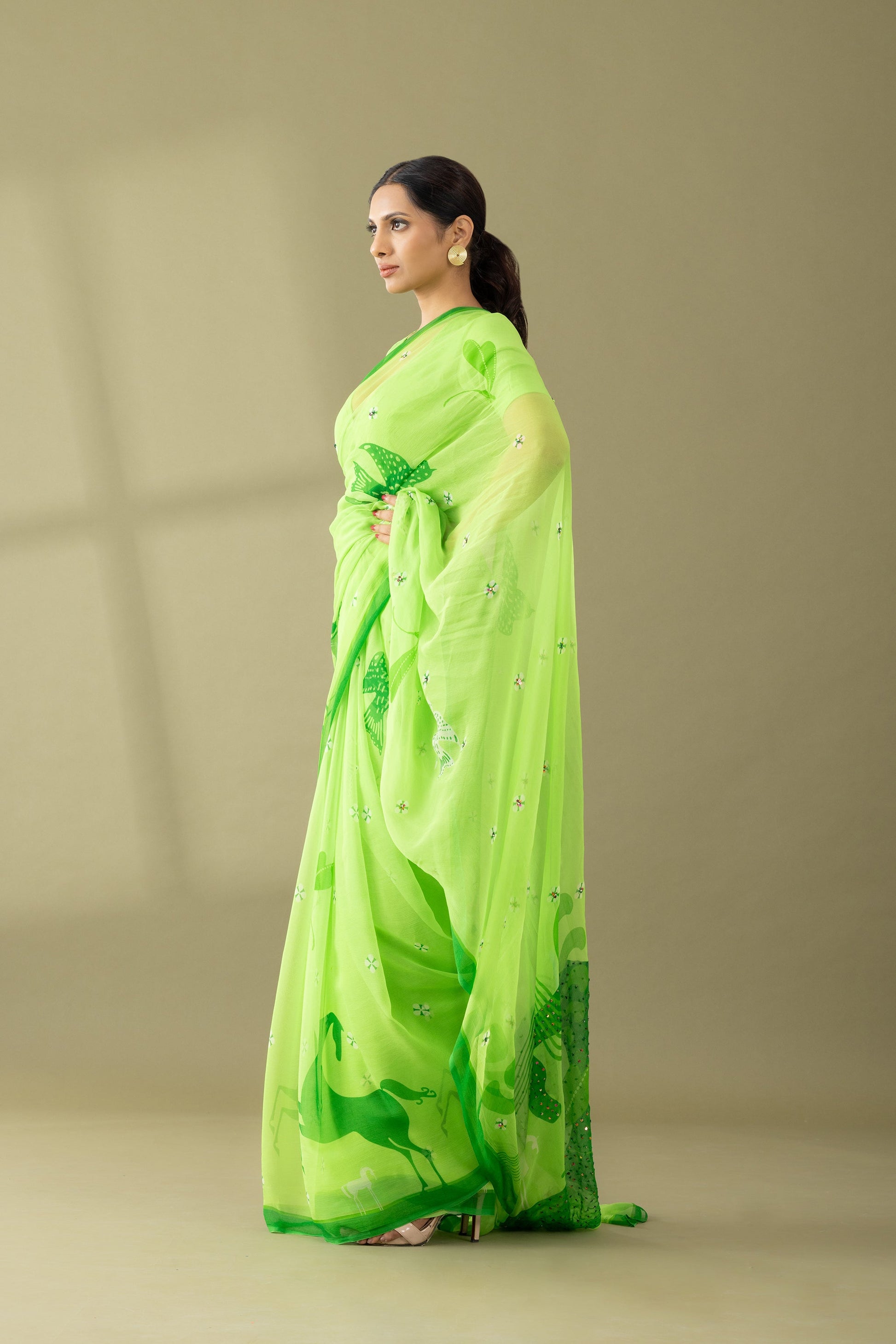 Graceful Charms Macha Green Printed & Embroidered Chiffon Saree