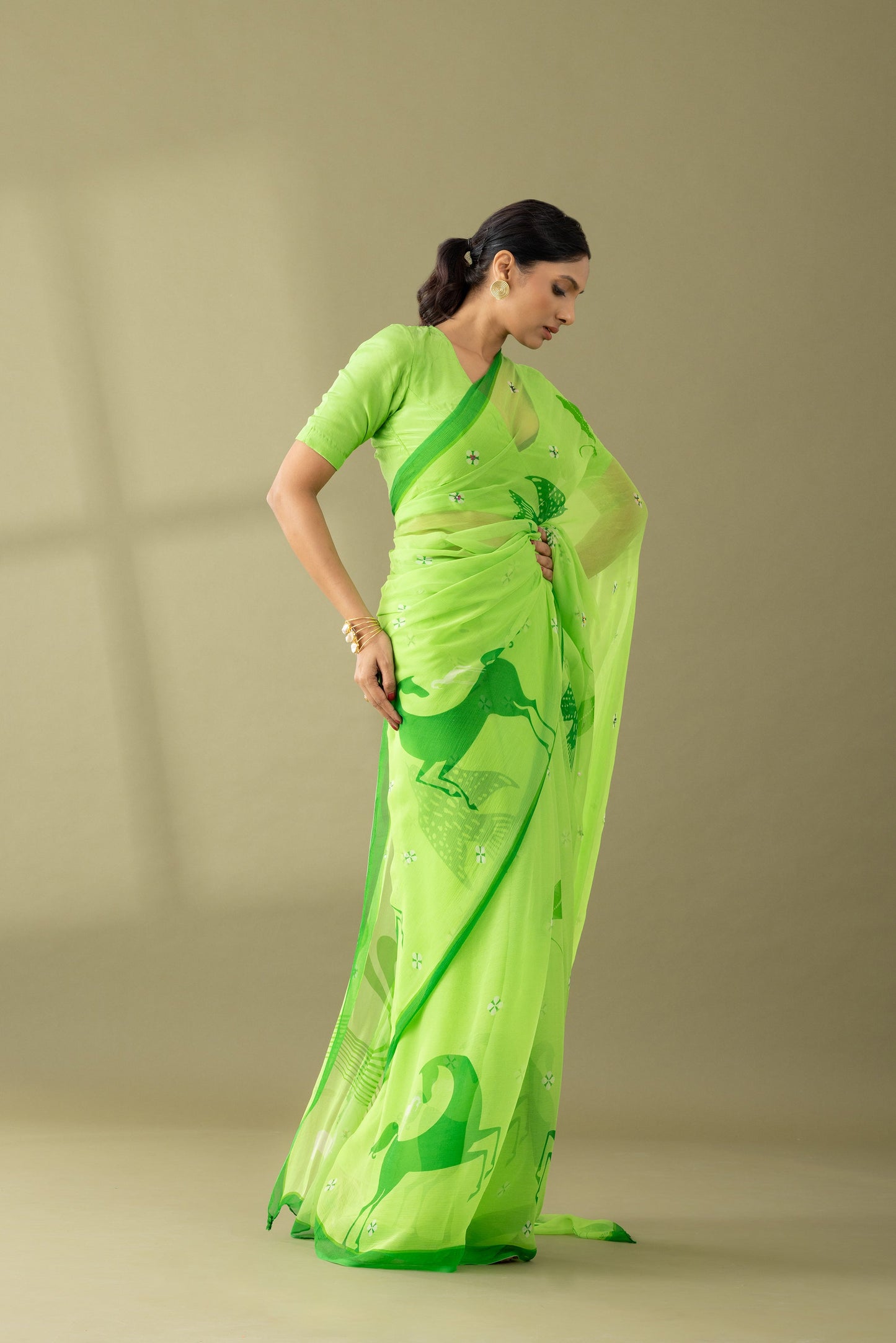 Graceful Charms Macha Green Printed & Embroidered Chiffon Saree