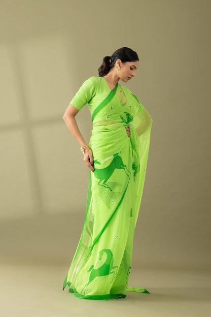 Graceful Charms Macha Green Printed & Embroidered Chiffon Saree