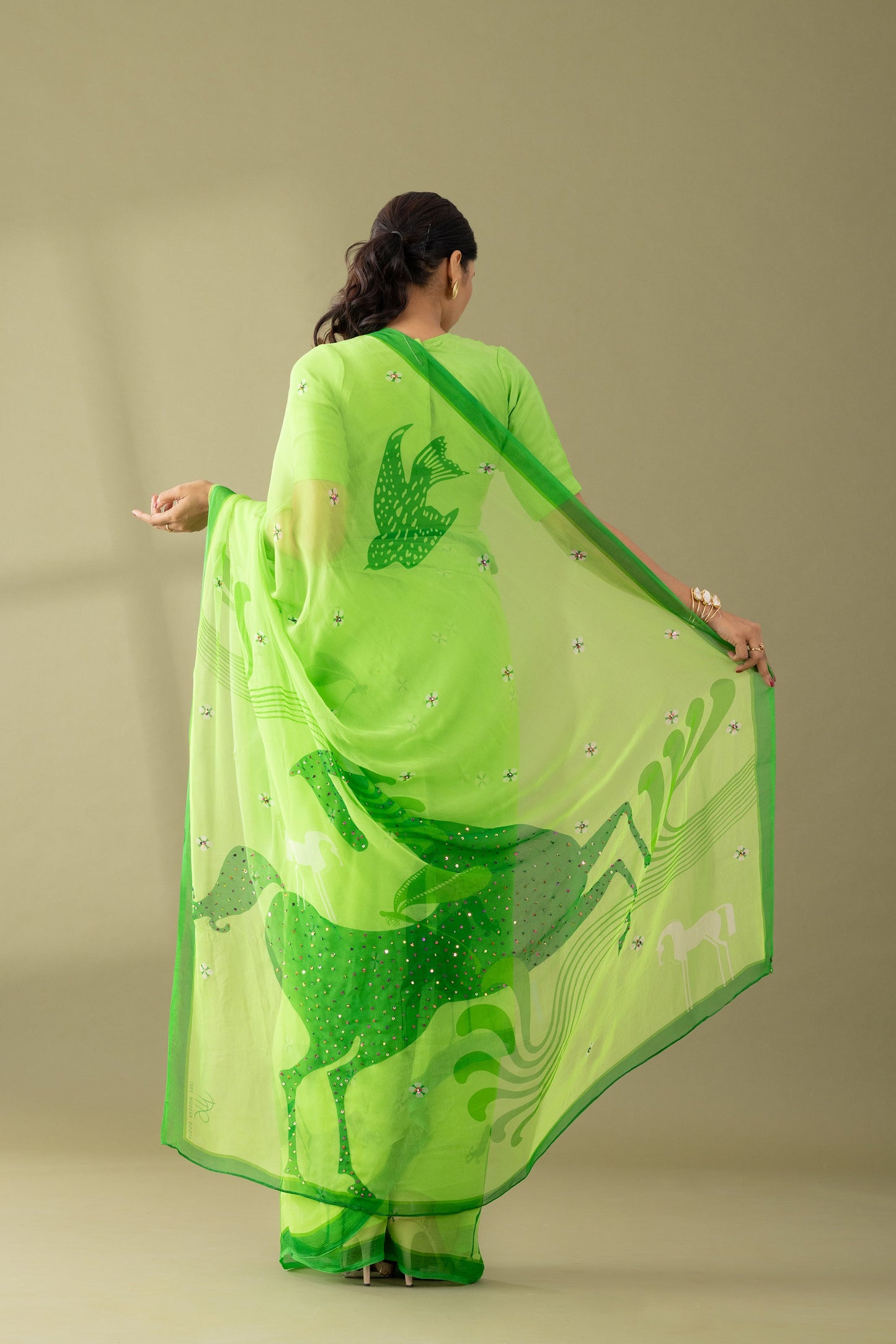 Graceful Charms Macha Green Printed & Embroidered Chiffon Saree