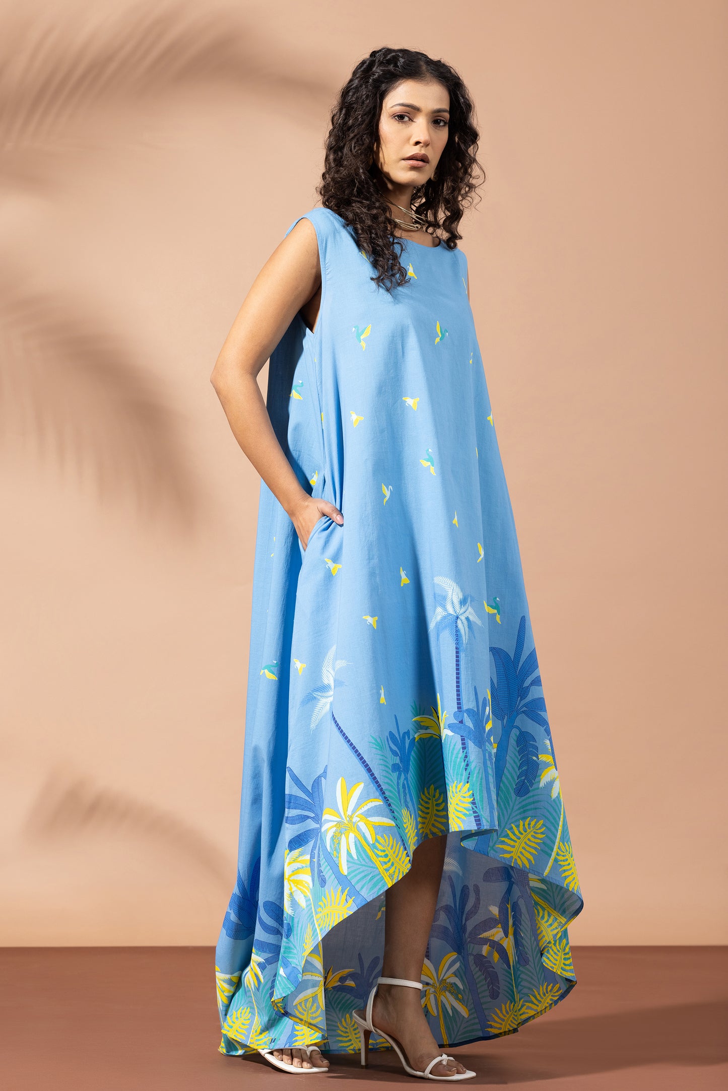 Tropical Berry Blue Flared Dress