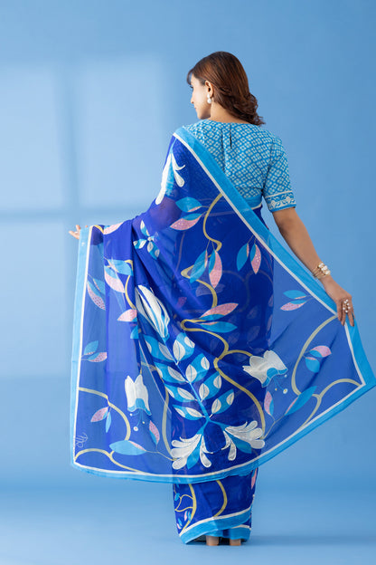 Timeless Garden Indigo Printed & Embroidered Georgette Saree