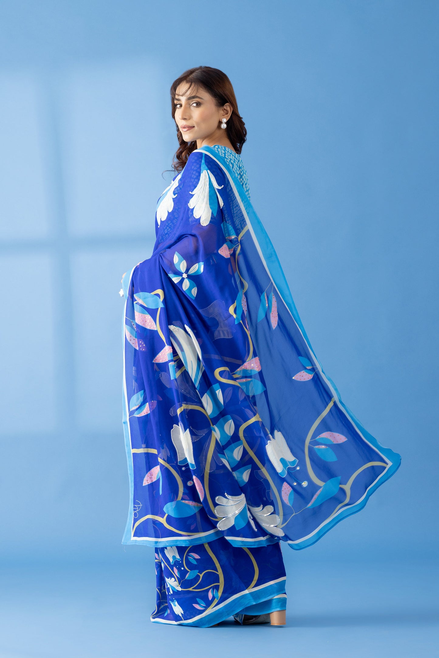 Timeless Garden Indigo Printed & Embroidered Georgette Saree