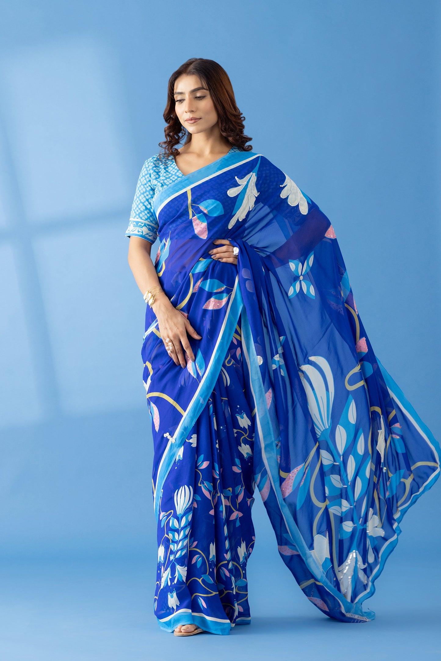 Timeless Garden Indigo Printed & Embroidered Georgette Saree