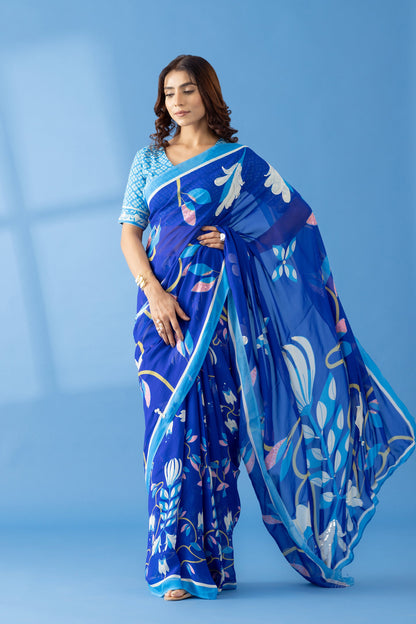 Timeless Garden Indigo Printed & Embroidered Georgette Saree