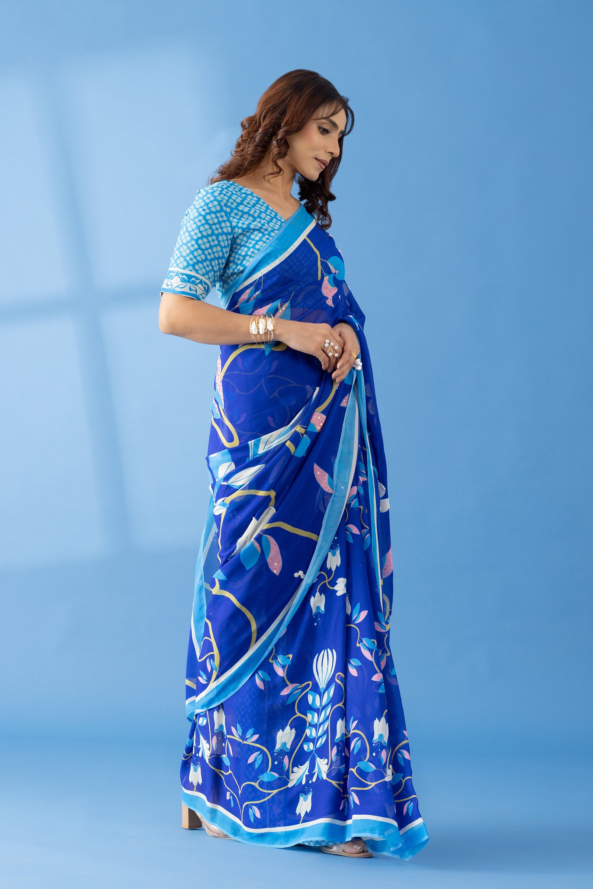 Timeless Garden Indigo Printed & Embroidered Georgette Saree