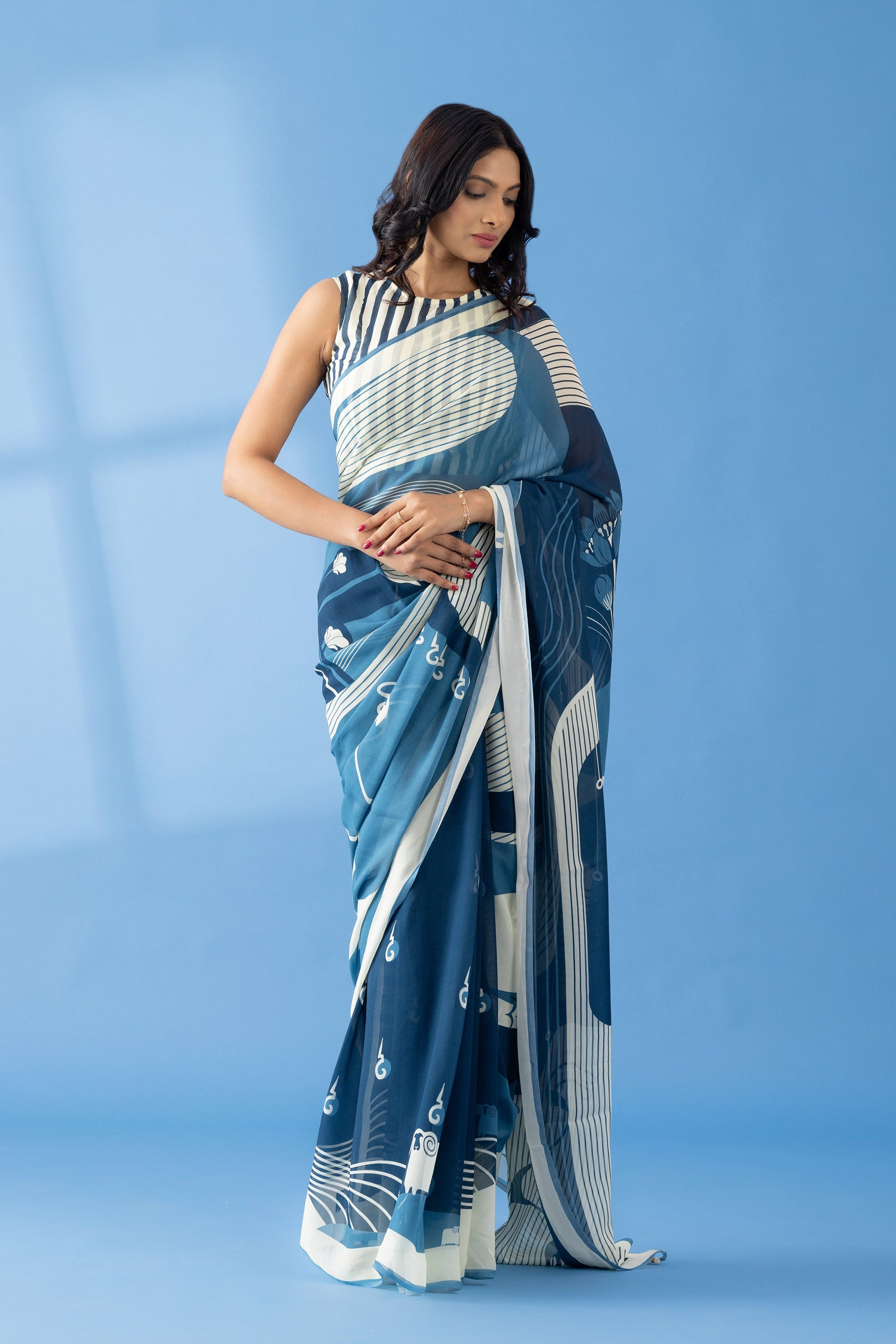 Slate Grey Abstract Printed Georgette Saree