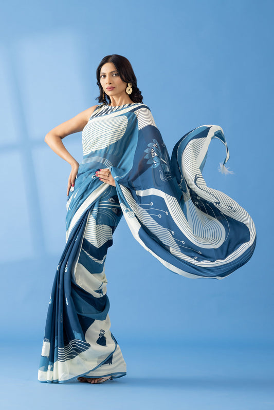 Slate Grey Abstract Printed Georgette Saree