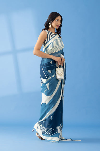 Slate Grey Abstract Printed Georgette Saree