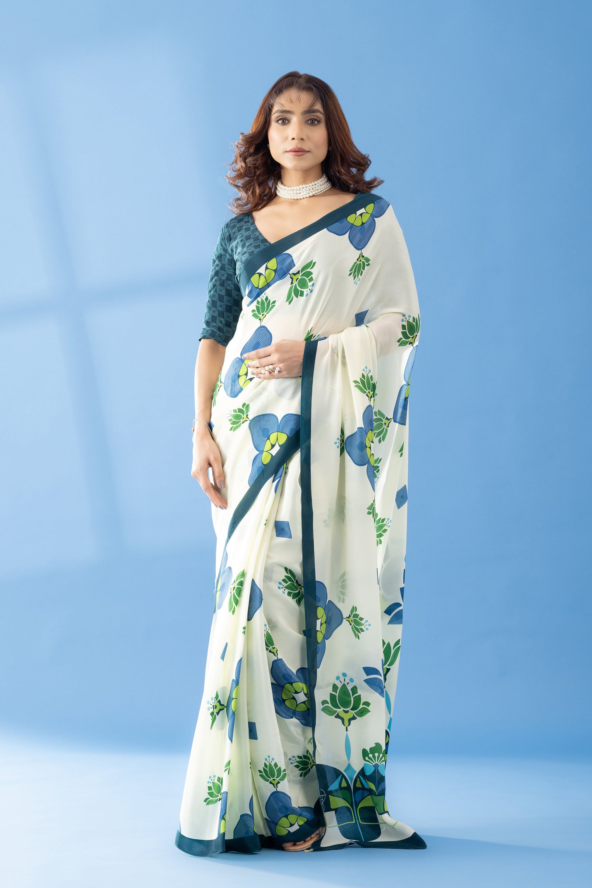 Ivory Lotus Floral Printed Crepe Designer Saree