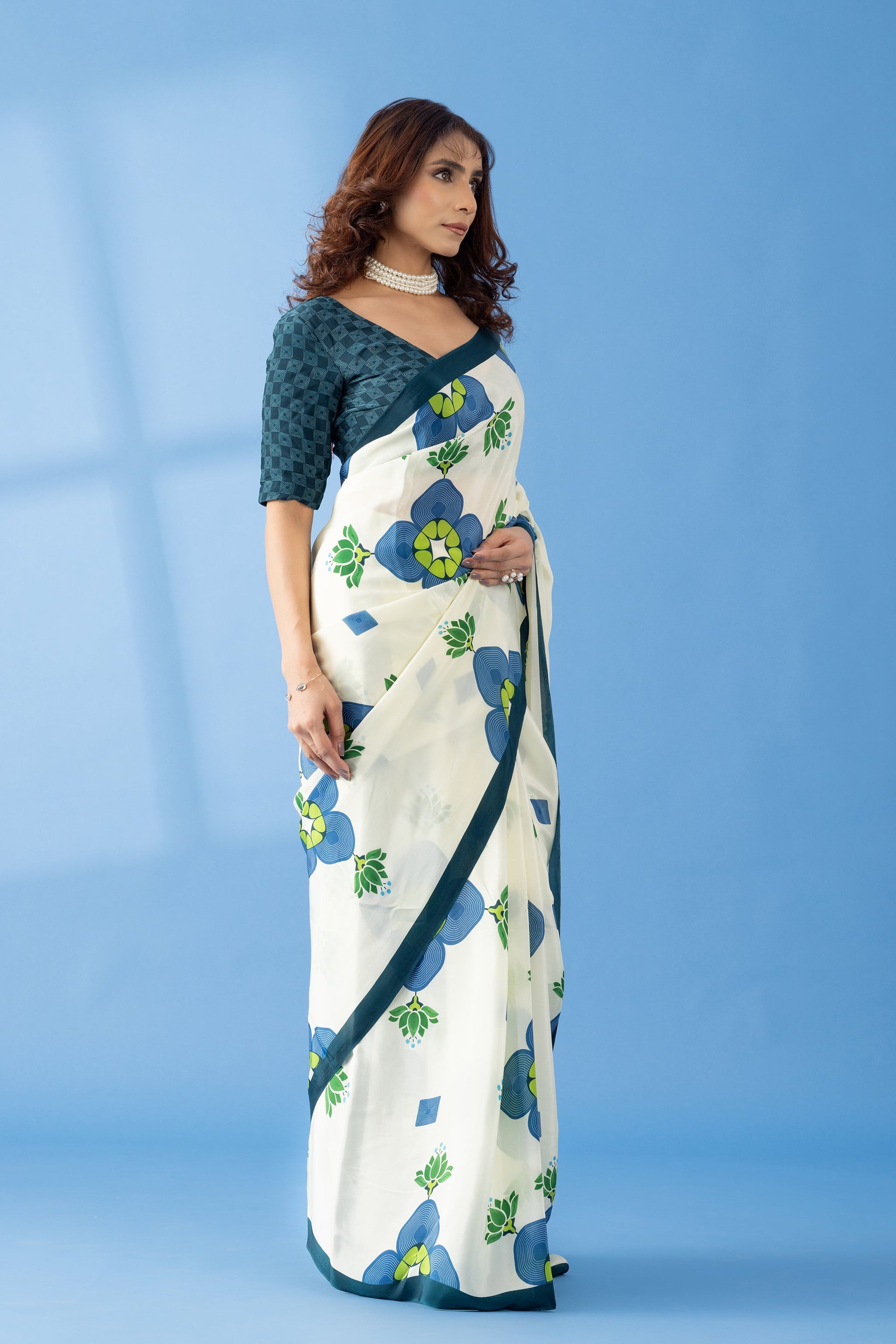 Ivory Lotus Floral Printed Crepe Designer Saree