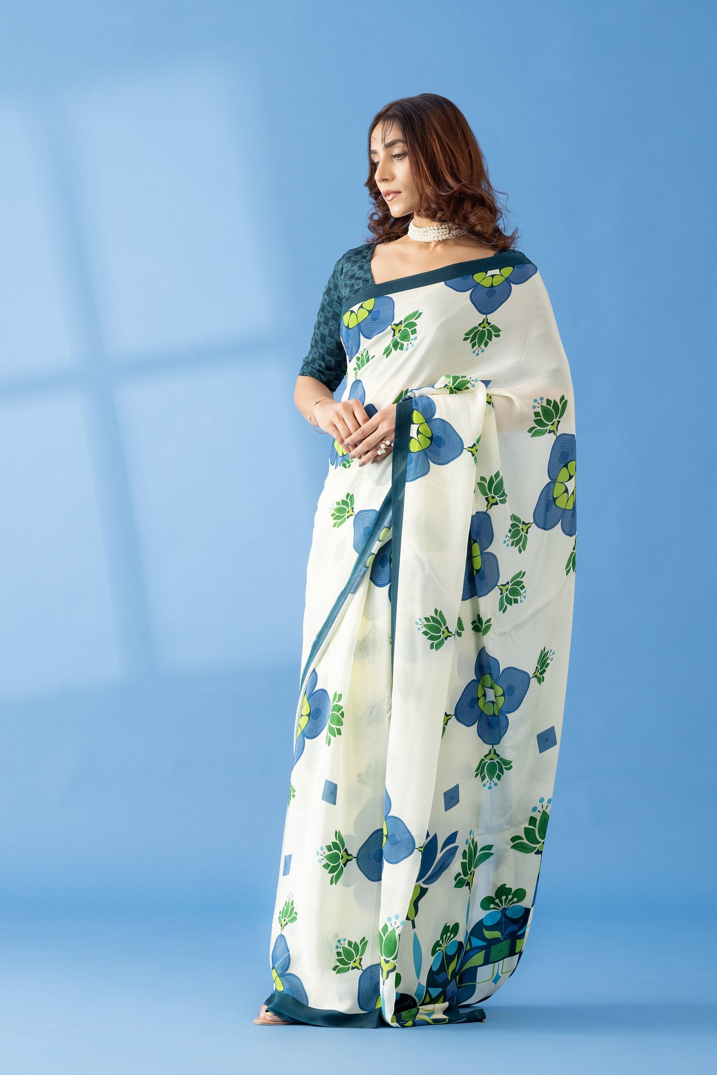 Ivory Lotus Floral Printed Crepe Designer Saree