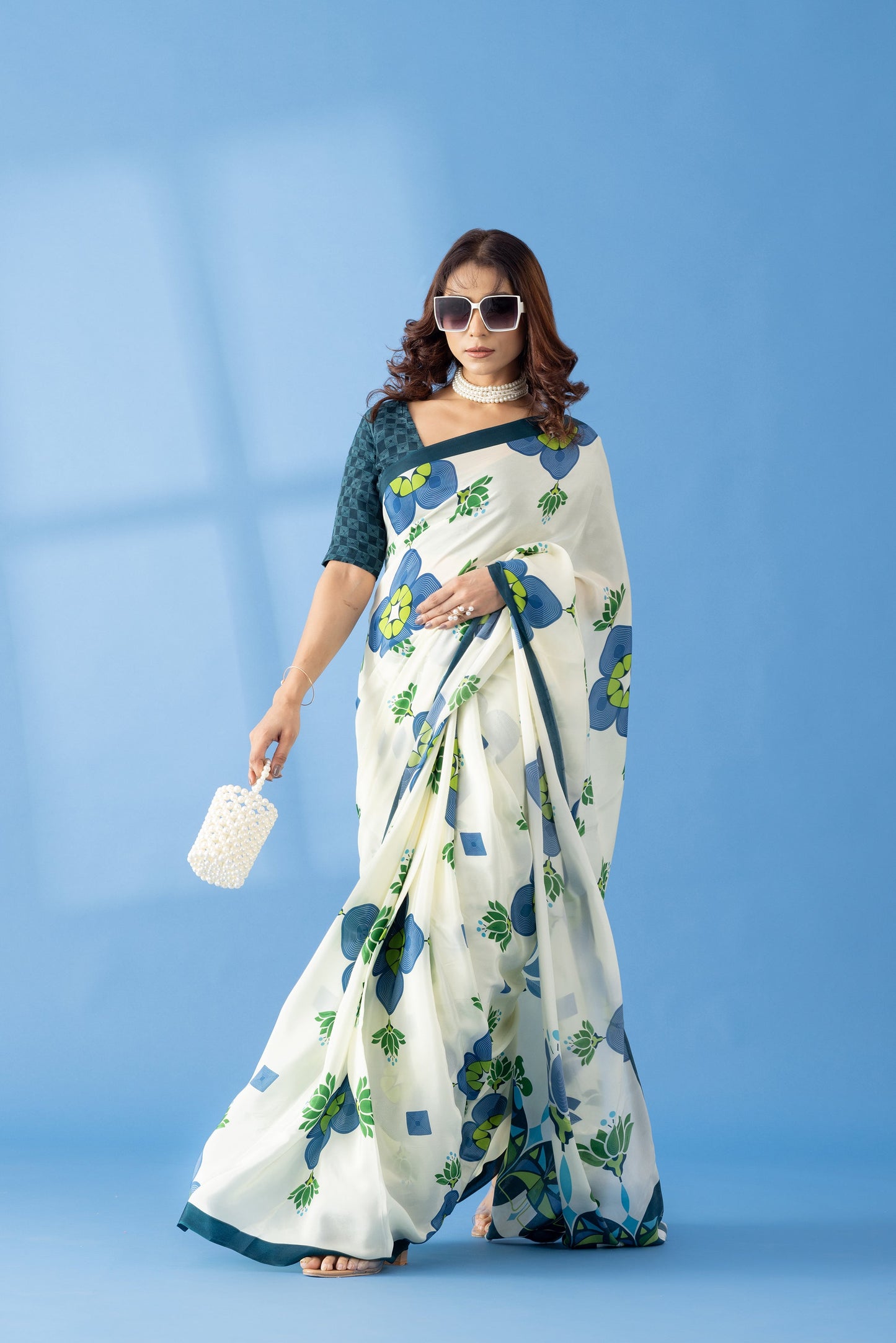 Ivory Lotus Floral Printed Crepe Designer Saree