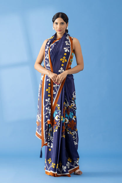 Navy Floral Printed & Embroidered Crepe Festive Saree