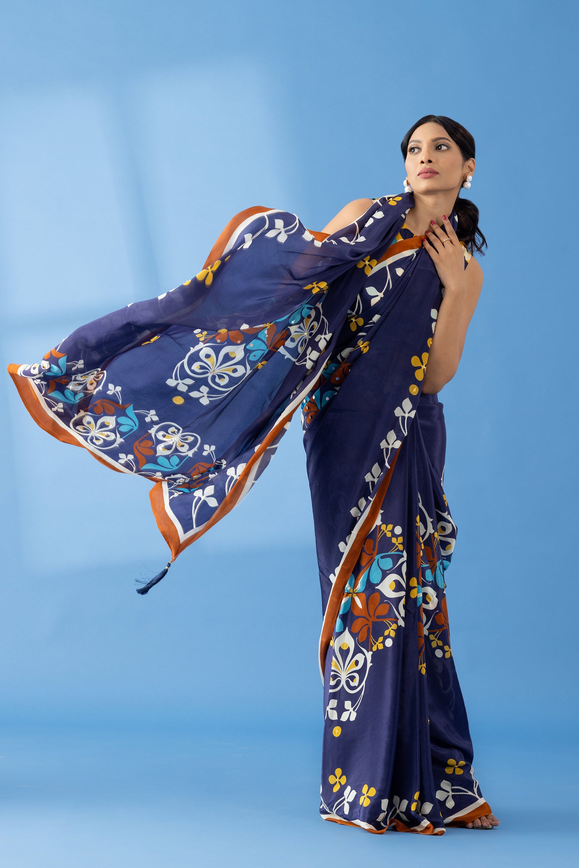 Navy Floral Printed & Embroidered Crepe Festive Saree