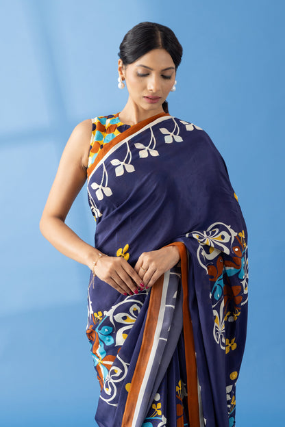 Navy Floral Printed & Embroidered Crepe Festive Saree