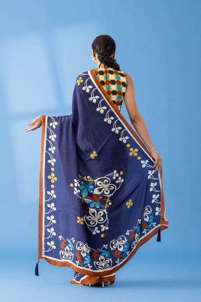 Navy Floral Printed & Embroidered Crepe Festive Saree