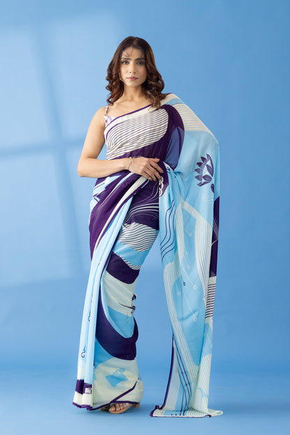 Deep Purple Abstract Printed Georgette Saree