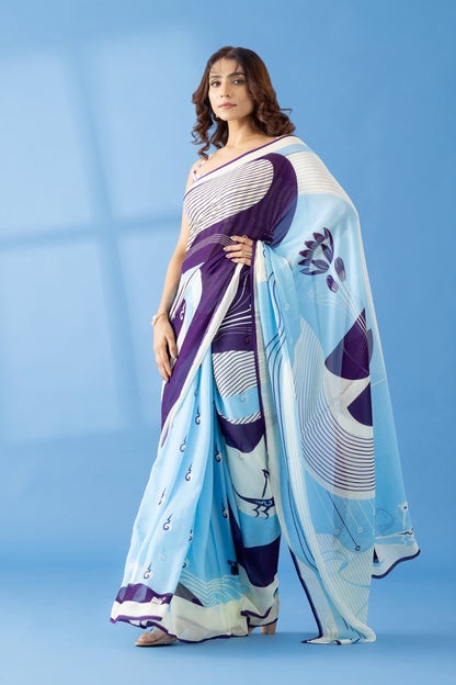 Deep Purple Abstract Printed Georgette Saree