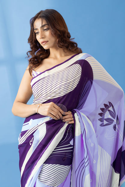 Deep Purple Abstract Printed Georgette Saree