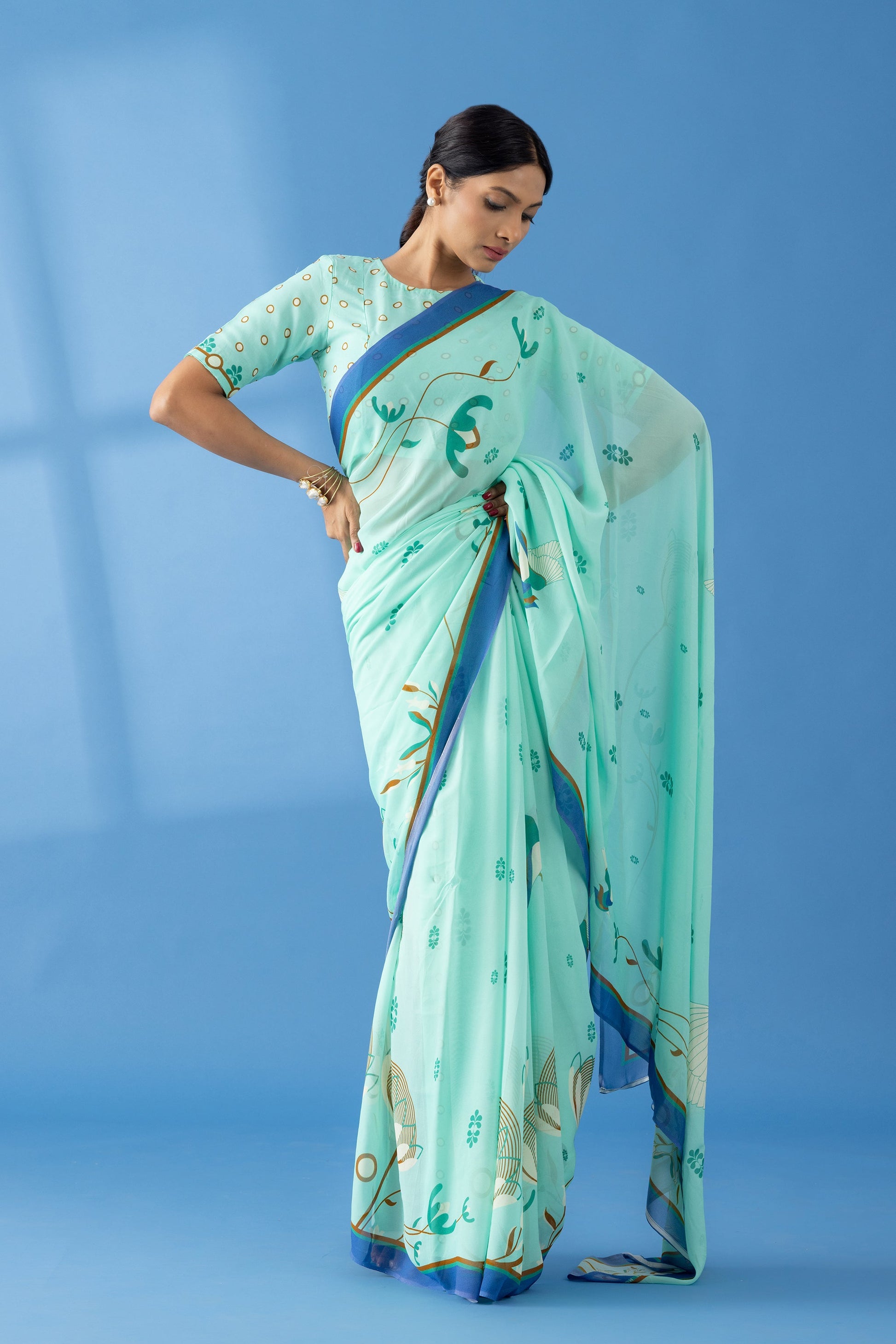 Mint Floral Printed Georgette Saree