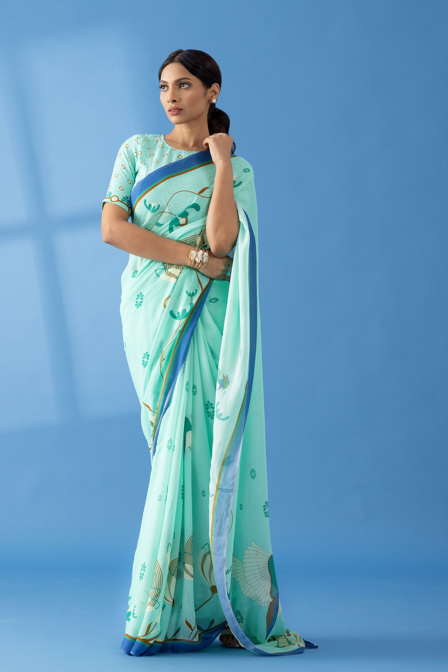 Mint Floral Printed Georgette Saree