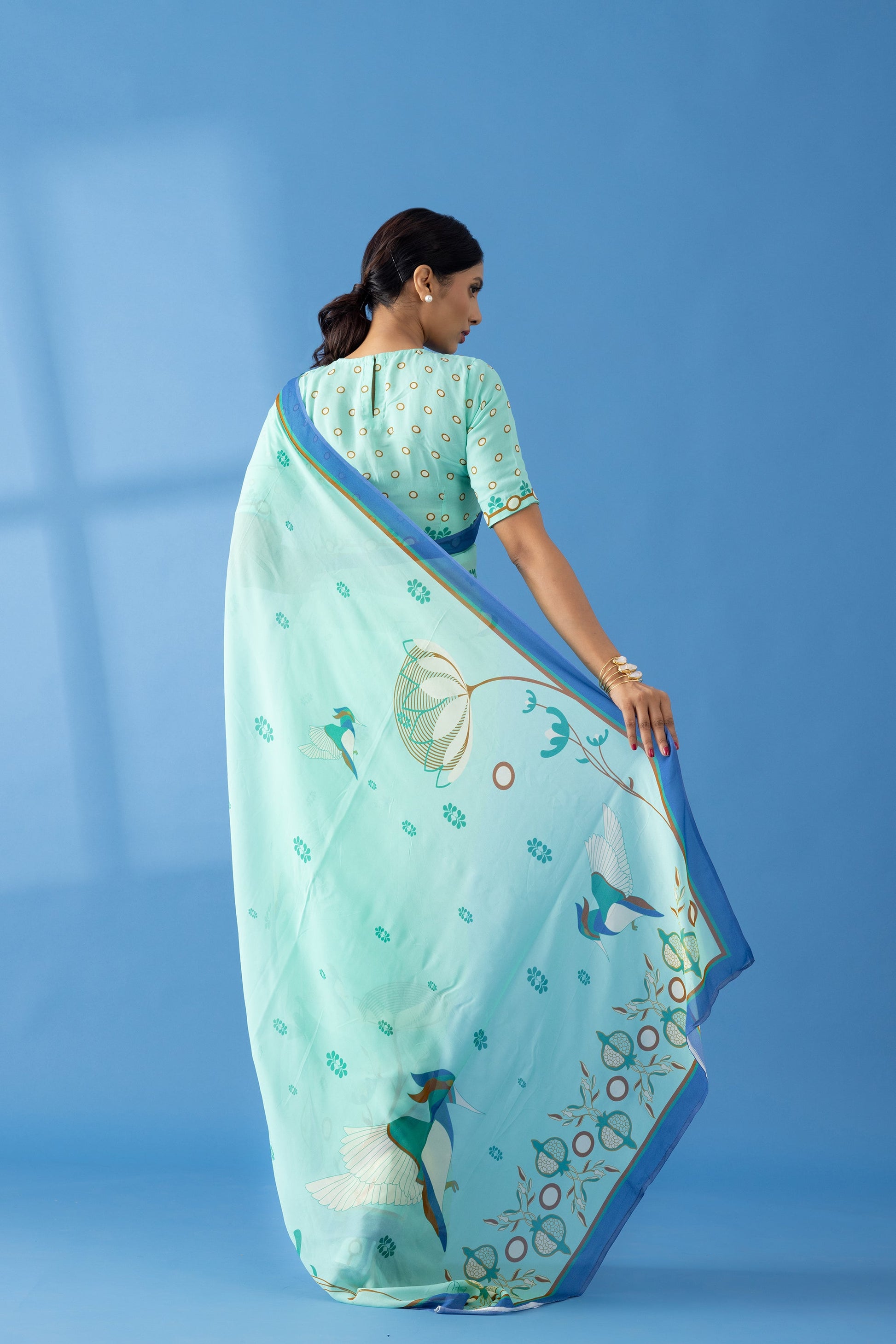 Mint Floral Printed Georgette Saree