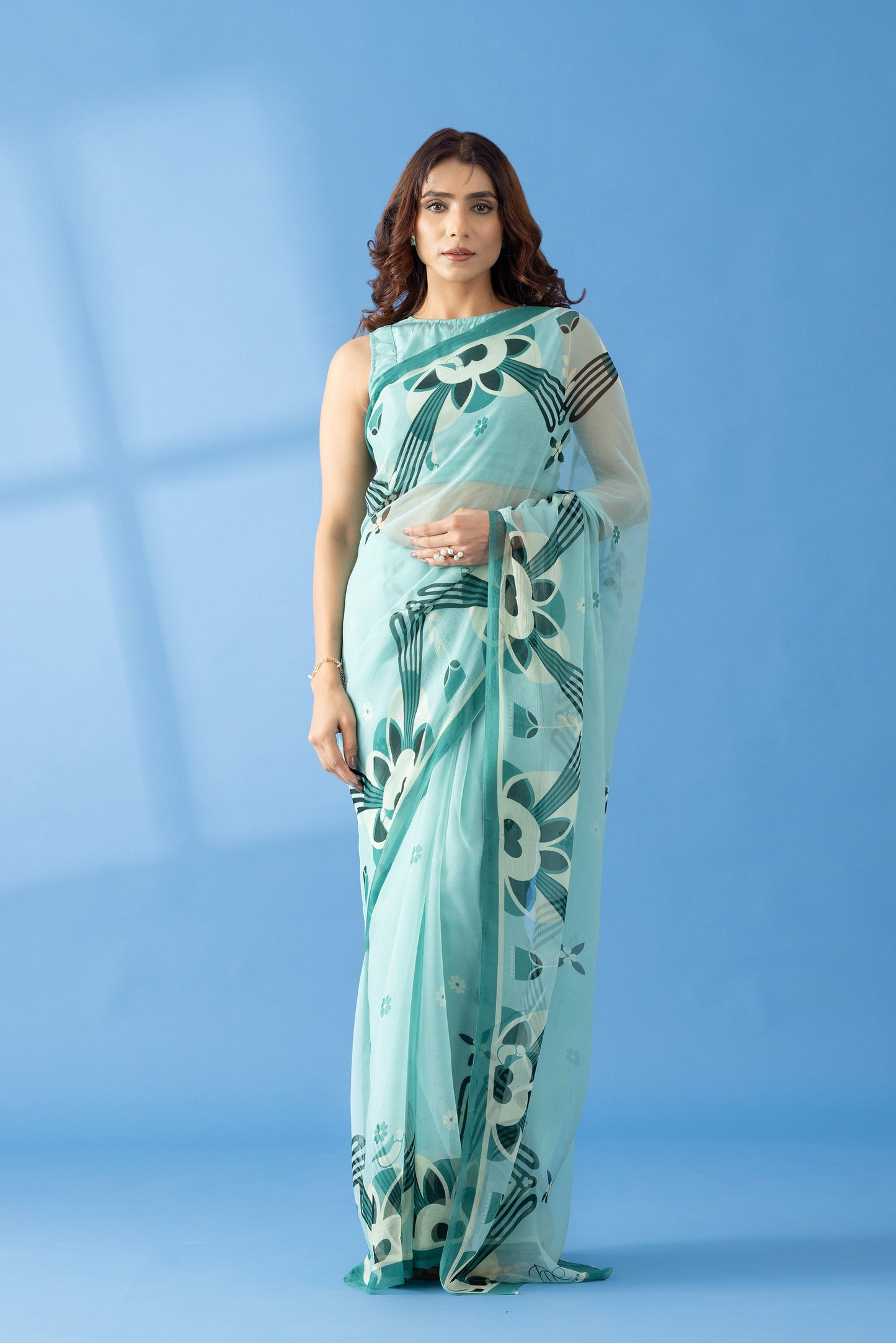 Majestic Peaks Sea Blue Printed Chiffon Saree