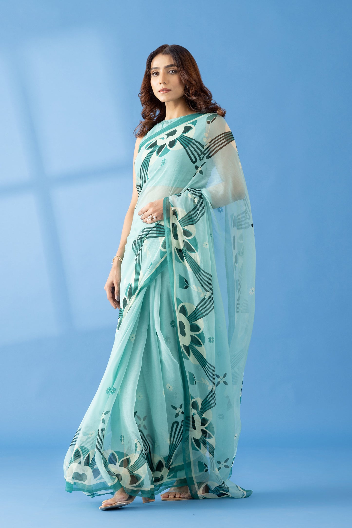 Majestic Peaks Sea Blue Printed Chiffon Saree