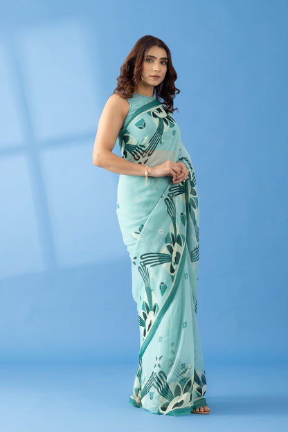 Majestic Peaks Sea Blue Printed Chiffon Saree