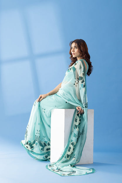 Majestic Peaks Sea Blue Printed Chiffon Saree