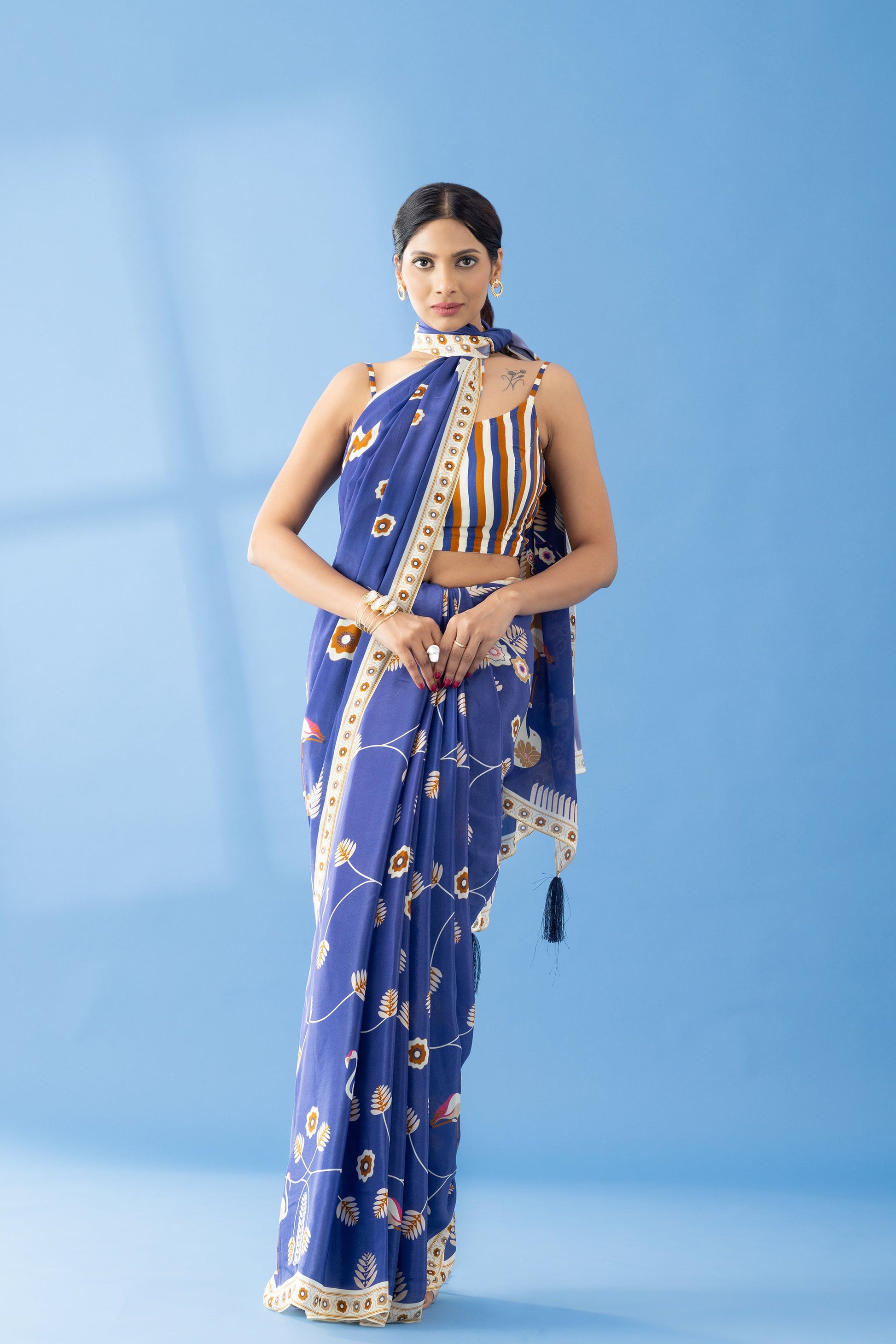 Berry Blue Classic Charm Printed Crepe Saree