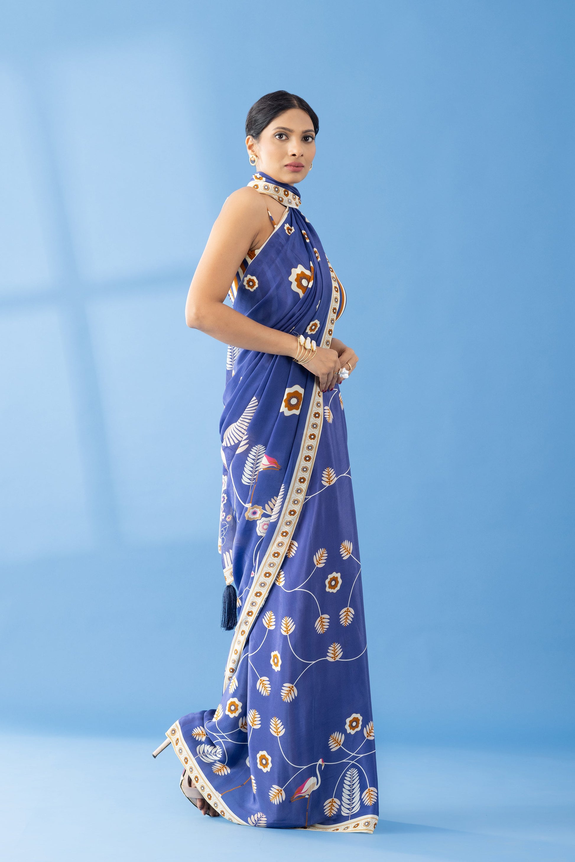 Berry Blue Classic Charm Printed Crepe Saree