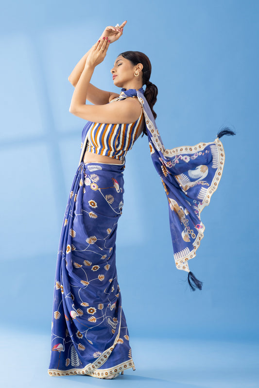 Berry Blue Classic Charm Printed Crepe Saree