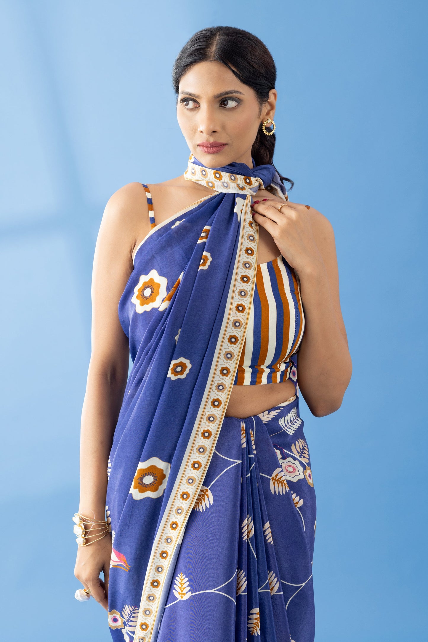 Berry Blue Classic Charm Printed Crepe Saree